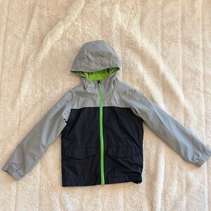 Columbia Gray and Black Hooded fall waterproof Jacket with Green Accents
